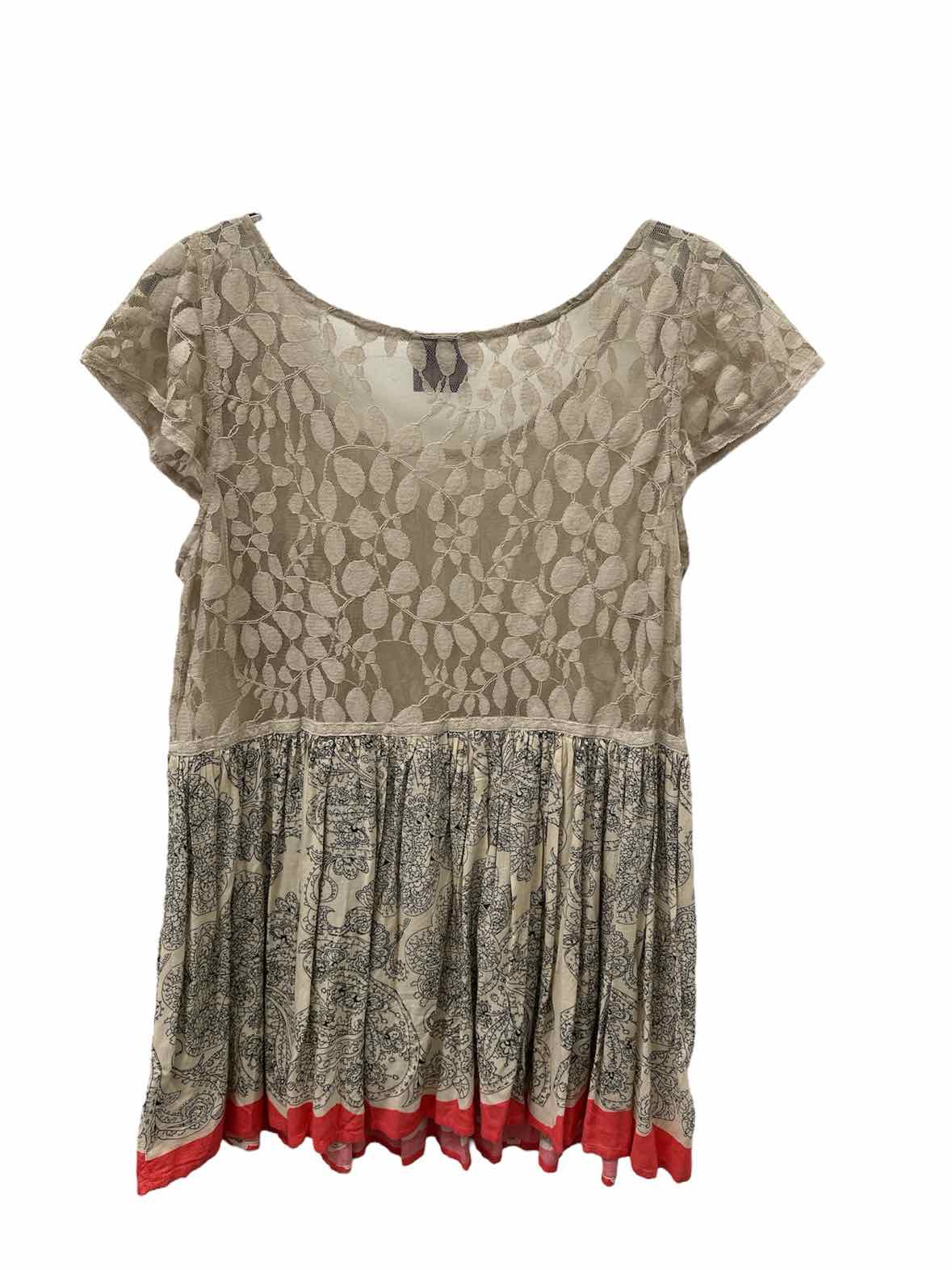Free People Size Large Beige Print Blouse