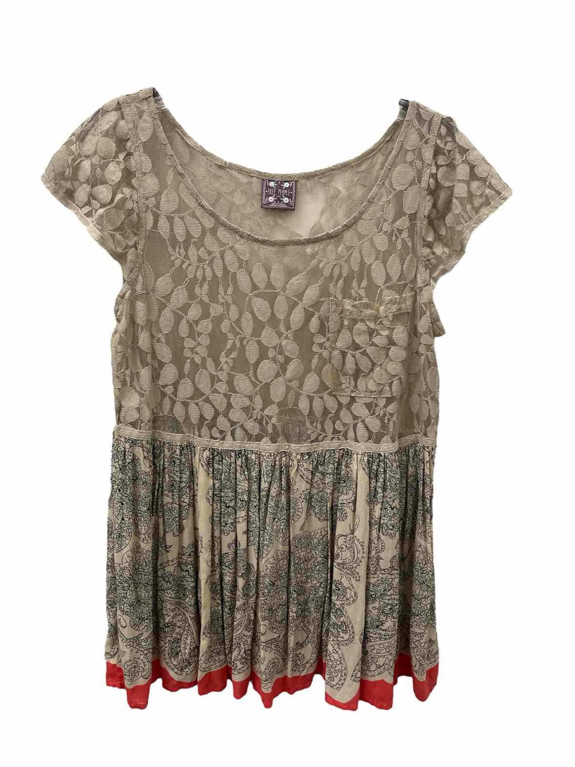 Free People Size Large Beige Print Blouse